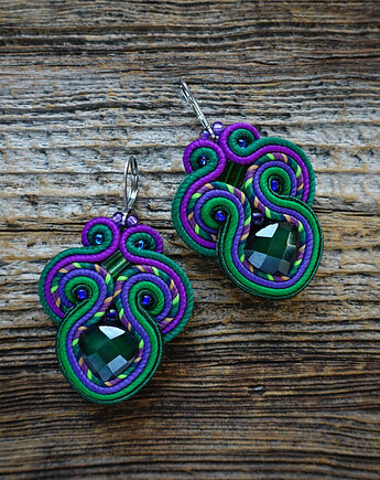 Zieleń i fiolet - kolczyki soutache z kryształkami, Mró Soutache