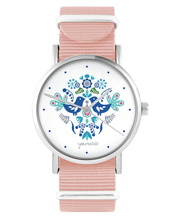 Zegarek - Ptaszki folkowe blue - brzoskwiniowy róż, yenoo