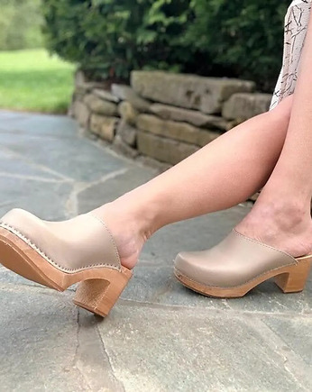 Drewniaki na obcasie ze skóry naturalnej i drewna, MKclogs