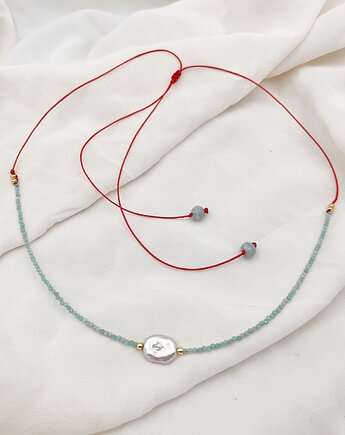 Naszyjnik czerwony sznurek z perłą i akwamarynem, lulukalina