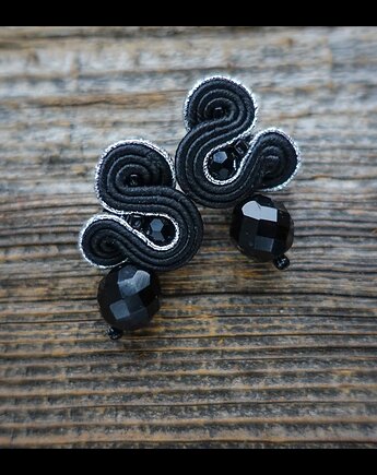Małe , czarne, eleganckie kolczyki sutasz, Mró Soutache