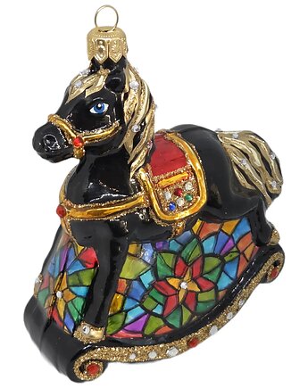 Ręcznie malowana bombka szklana czarny konik na biegunach z wzorem witrażu, STARGLASS