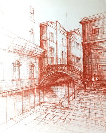 WYPRZEDAŻ RYSUNKÓW! Rysunek Ulice Wenecji 50x70 cm Kredka Sangwina, Kwitnace