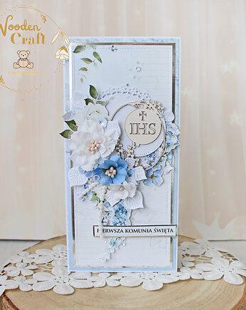 Kartka komunijna, Pamiątka Komunii, prezent "Lovely Day in Blue 1"GOTOWA, Lulaczkowo
