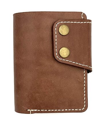 Brązowy portfel skórzany ręcznie uszyty beżową nitką., Rkabags