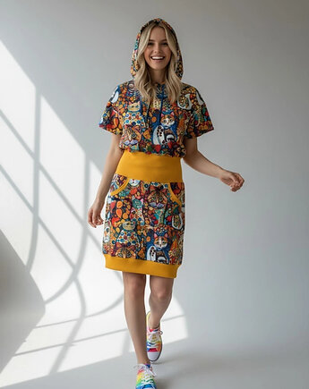 Sukienka dresowa Radżas wzór kolorowe koty kaptur rozmiar M, Auri Lili