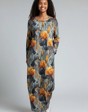 Sukienka midi w irysy L 40 dresowa kieszenie rękaw 7/8 Auri Lili Dharana, Auri Lili