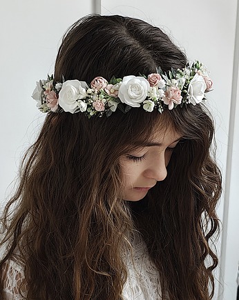 Wianek komunijny jak żywy róż,   biel zieleń, Petite Dame