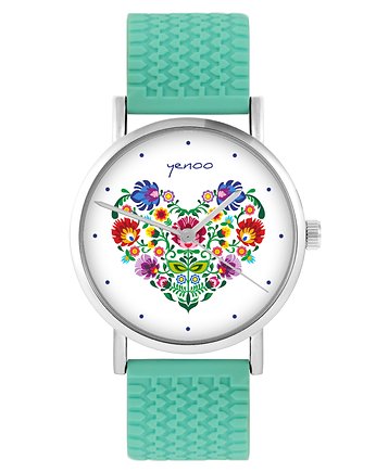 Zegarek - Folkowe serce - silikonowy, turkus, yenoo