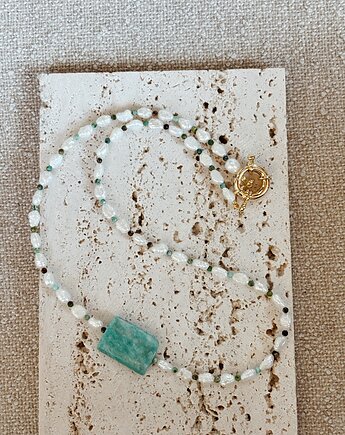 Naszyjnik z Perły Naturalne, Turkus Afrykański i Amazonit, Chmolowska Jewellery