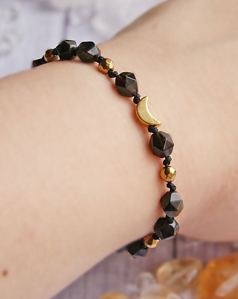 Amulet LUNULA obsydian złoty - ochrona, kaktusia