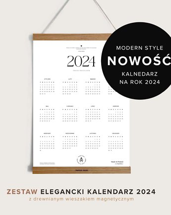 Zestaw Kalendarz Ścienny MODERN 2024 z Drewnianym Wieszakiem Magnetycznym, PaperDesk