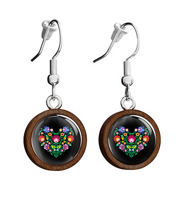 Kolczyki drewniane - Serce folkowe czarne - wiszące, yenoo