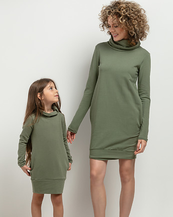 KOMPLET sukienek z kominem i kieszeniami dla mamy i córki, model 37, zielony, mala bajka
