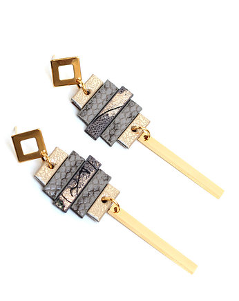 Długie kolczyki kwadraty szaro-złote, Kociokwik Jewelry