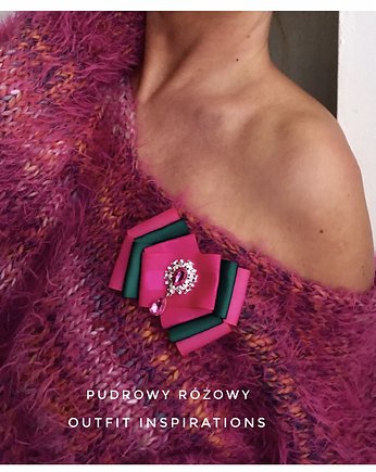 Fuksja z zielenią New Broszka z kryształkiem, Pudrowy Różowy