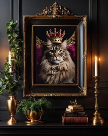 PLAKAT kot maine coon portret królewski, prezent dla kociary, black dot studio