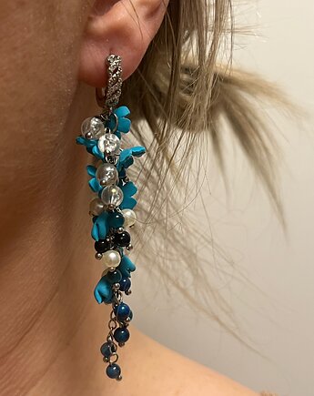 Eleganckie Ręcznie Robione Kolczyki Niebieski kwiaty Niezapominajki tygrys Oko, MariaPolymer