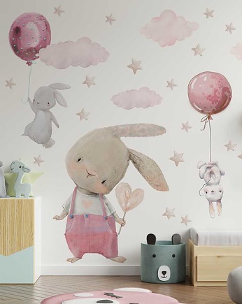 RÓŻOWE KRÓLICZKI BALONY NAKLEJKI NA ścianę, Dekoracjan