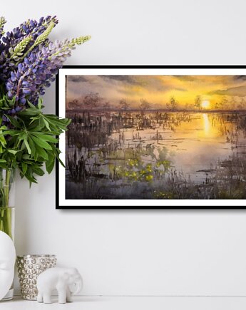 Akwarela - Zachód nad rozlewiskiem oprawiona  30/40 cm, Betańska Studio