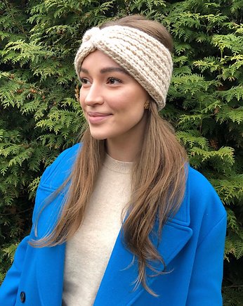Opaska wełniana handmade jasnobeżowa marshmallow  100% wełna, GANGSTA KNIT