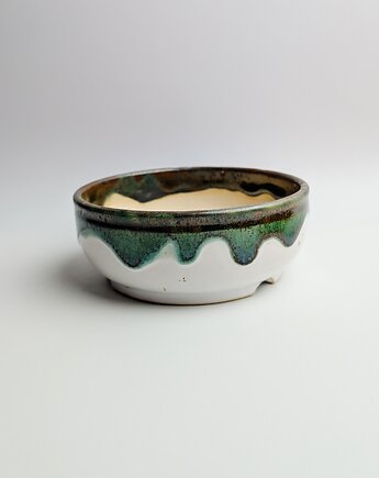 Płaska doniczka ceramiczna "zielone zacieki", CEHAmika