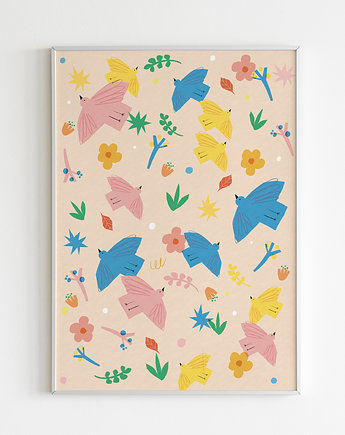 Plakat Ptaki i kwiaty, OKAZJE - Prezent na Dzień Kobiet