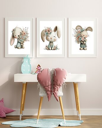 Plakaty Wiosna Zające Kwiaty Dla Dzieci 3 szt, Magnetyczne Studio