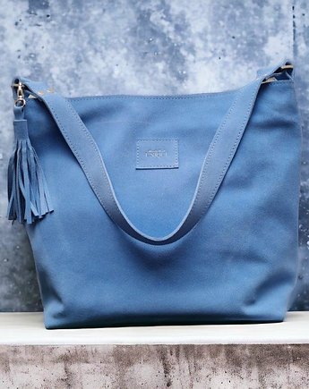 Zamszowa Shopper Bag, Baby blue. Duża torebka skóra zamszowa, etui gratis, UNIQUE HandMade
