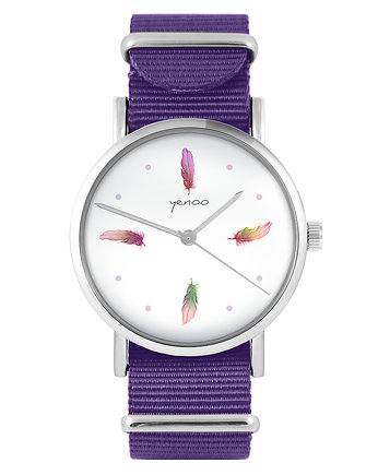 Zegarek - Kolorowe piórka - fiolet, nylonowy, yenoo