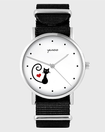 Zegarek - Kotek, serce - czarny, nylonowy, yenoo