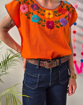 Bluzka ręcznie haftowana Bordado Pomarańczowa kwiaty ONE SIZE, SempreArte