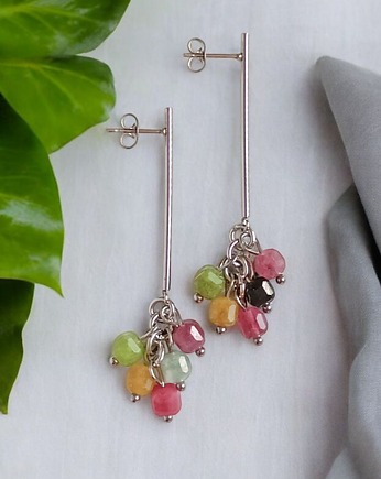 Kolczyki kolorowe gronka : kwarc multicolor i stal szlachetna, kaktusia