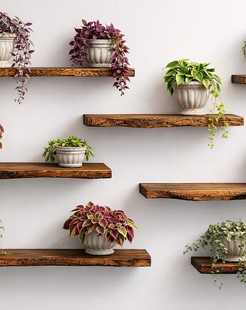 Półka drewniana wisząca na ścianę z żywą krawędzią grubość 38 mm, VANLORR