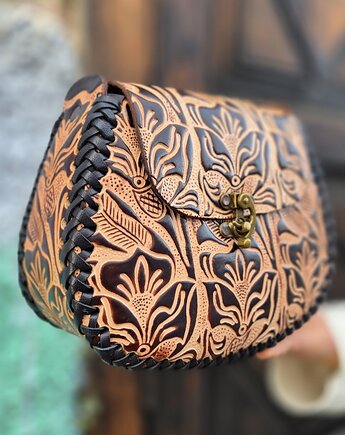 Torebka skórzana Julia beżowa kwiaty ręcznie robiona, SempreArte