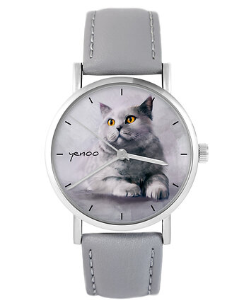 Zegarek - Kot brytyjski - szary, skórzany, yenoo