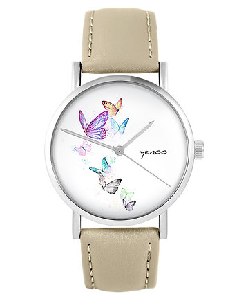 Zegarek - Motyle - skórzany, beżowy, yenoo