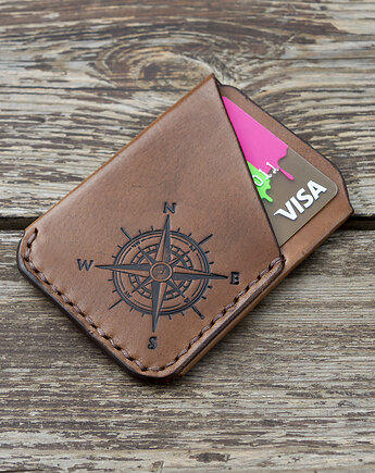Skórzane etui na karty i dokumenty z motywem róży wiatrów, Shirei Leatherwork