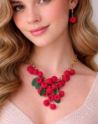 Komplet biżuterii z malinami, naszyjnik i kolczyki, biżuteria owocowa, MariaPolymer