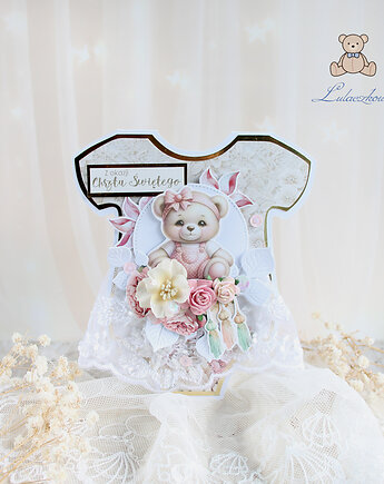 Kartka body na chrzest, pamiątka chrztu "Rose Bear" GOTOWA, Lulaczkowo