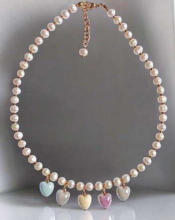 Perły naturalne i pastelowe ceramiczne serduszka : naszyjnik, kaktusia