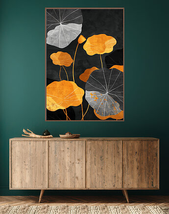 Liście lotusu - Plakat, druk - Chiński Orient, Harmonia Zen, Wabi Sabi #100, Black Sapphire Art