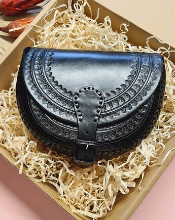 Torebka skórzana ręcznie robiona góralska Nicte Czarna wzory zakopane, SempreArte