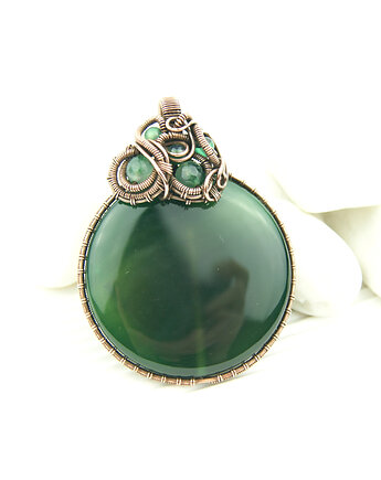 Wisiorek z dużym zielonym agatem  wire wrapping, Blue Pearl Art