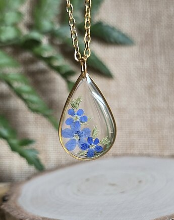 Złoty wisiorek prawdziwe kwiaty zawieszka łezka łza niezapominajki, zkwiatem