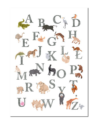 Plakat z polskim alfabetem ze zwierzętami do pokoju dziecka Hi Little, HI LITTLE