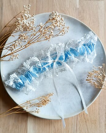 Podwiązka ślubna Cyntia niebieska z koronką off white, Milavia Studio