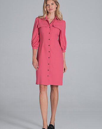 Elegancka sukienka koszulowa midi z bufiastymi rękawami i guzikami - M849, FIGL