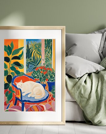 PLAKAT  biały kot, Matisse obraz, kolorowa dekoracja ścienna, black dot studio