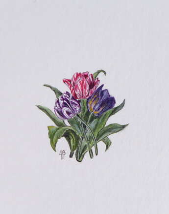 Tulipany  kwiaty , miniatura ręcznie malowana, atelier Brocante